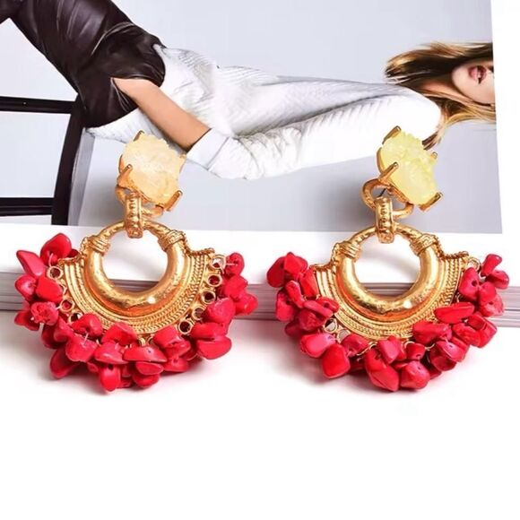 Boho Red Coral and Crystal Drop Earrings - Picture 2 of 4
